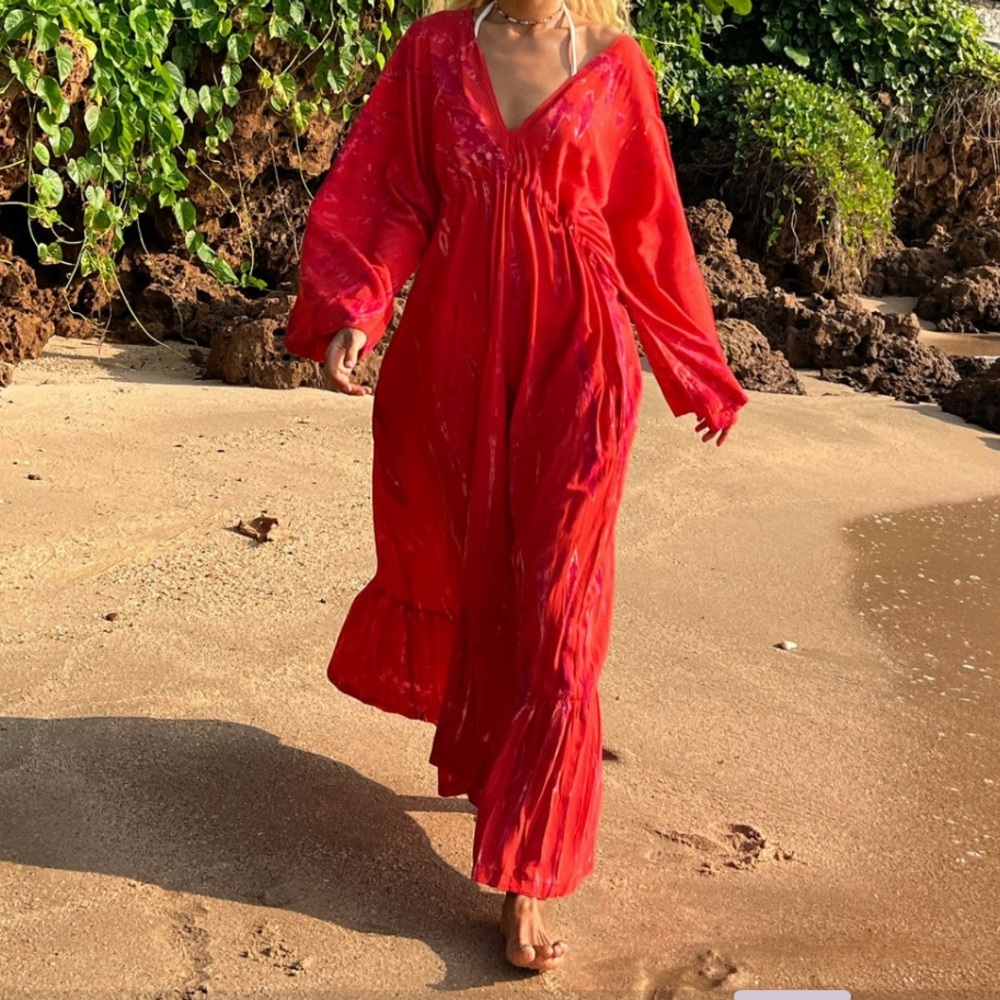 Tie Dye Red Maxi Dress, Beach Coverup, Boho Chic, Kaftan vacation dress